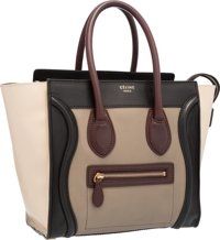 Celine Brown, Beige & Black Leather Micro Luggage Tote Bag.