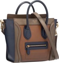 Celine Chestnut, Khaki & Navy Leather Nano Luggage Tote Bag.with Shoulder Strap.