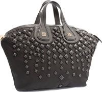 Givenchy Black Leather & Nylon Studded Nightingale Bag with.Gold Hardware. Very Good Condition. 14 Width x 13.Height...
