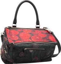 Givenchy Black, Red & Green Floral Lambskin Leather Medium.Pandora Bag. Excellent to Pristine Condition. 13 Width x.7...
