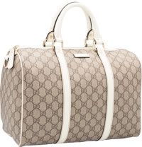 Gucci Brown & White Monogram Coated Canvas Boston Bag..Excellent Condition. 13 Width x 8.5 Height x 7 Depth....