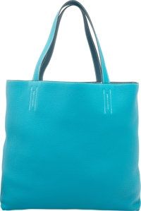 Hermes Turquoise & Colvert Clemence Leather Double Sens GM.Reversible Tote Bag. R Square, 2014. Excellent to Pristine.Cond...