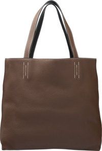 Hermes Cacao & Black Clemence Leather Double Sens GM Reversible.Tote Bag. Q Square, 2013. Pristine Condition. 13.5 Width...