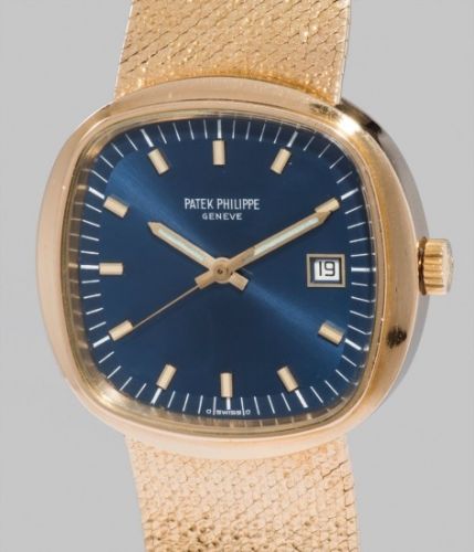 Patek Philippe Follow;Ref. 3587/1;A rare and attractive oversized yellow gold cushion-shaped electronic wristwatch with center seconds, date and bracelet