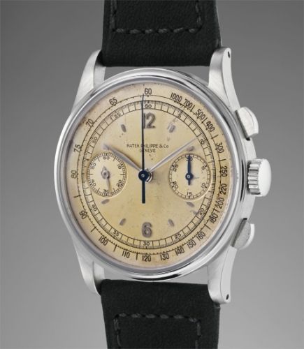 Patek Philippe Follow;Ref. 530;An extremely rare, important, attractive and large stainless steel chronograph wristwatch with tachometer scale and applied Arabic numerals
