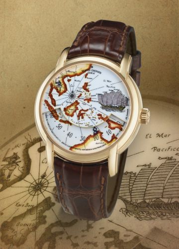 Vacheron Constantin A FINE AND RARE LIMITED EDITION YELLOW GOLD AUTOMATIC WRISTWATCH WITH ENAMEL DIAL AND WANDERING HOUR DISPLAY REF 47070 CASE 798574 LES METIERS D'ART TRIBUTE TO THE GREAT EXPLORERS 'ZHENG HE' CIRCA 2005