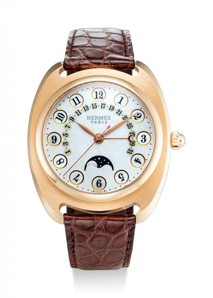 HERMES | DRESSAGE II, REFERENCE DR2.770.213 A LIMITED EDITION PINK GOLD WRISTWATCH WITH MOON PHASES, RETROGRADE DATE AND MOTHER-OF-PEARL DIAL, CIRCA 2005