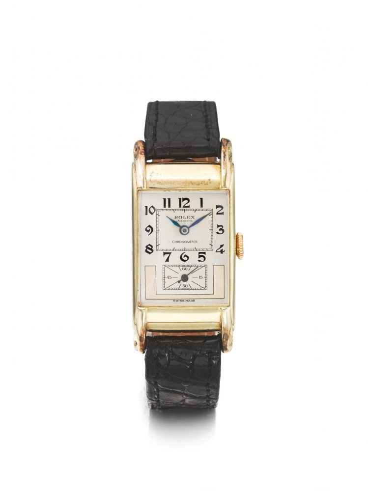 ROLEX | REF 3937 PRINCE, A YELLOW GOLD RECTANGULAR DUO-DIALED WRISTWATCH CIRCA 1950