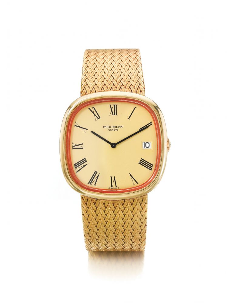 PATEK PHILIPPE | REF 3604-2, A YELLOW GOLD CUSHION FORM AUTOMATIC BRACELET WATCH WITH DATE MADE IN 1980