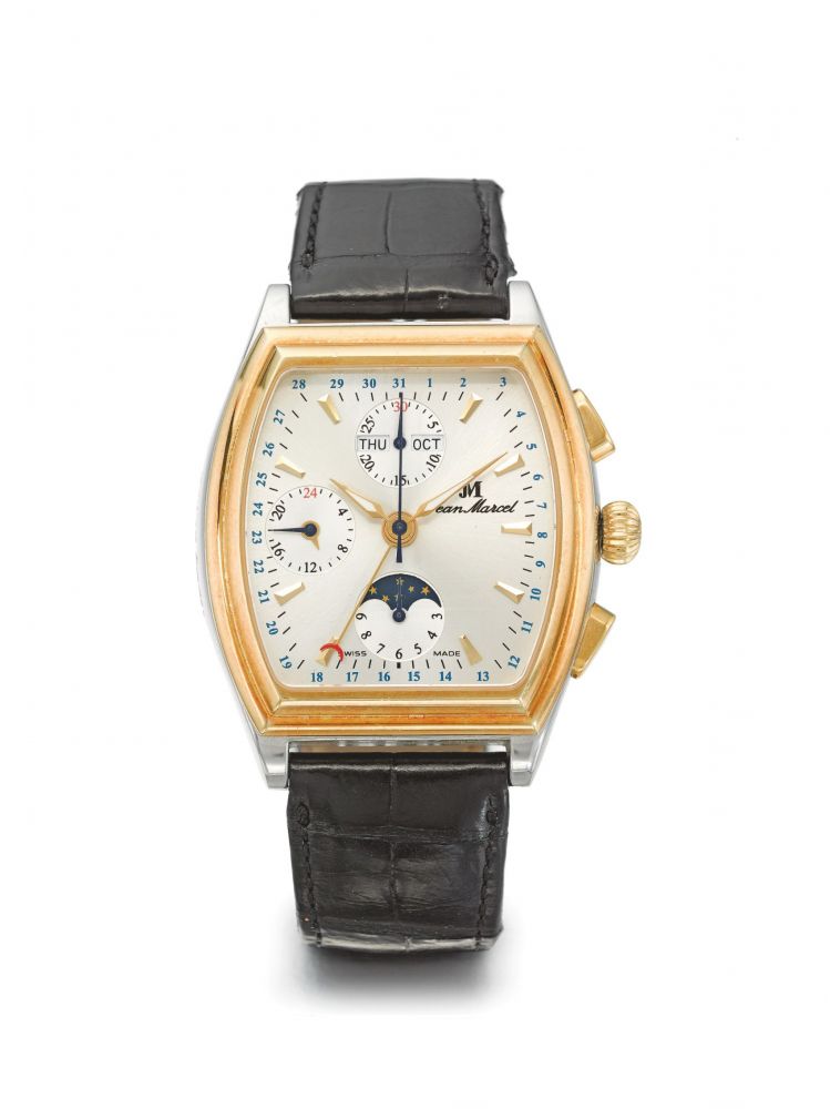 JEAN MARCEL | REF 163.198, A LIMITED EDITION STAINLESS STEEL AND GOLD PLATED AUTOMATIC TRIPLE CALENDAR CHRONOGRAPH WRISTWATCH WITH MOON PHASES AND 24 HOUR INDICATION CIRCA 1995