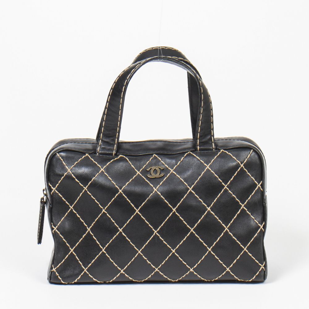 CHANEL | BLACK QUILTED WILD STITCHING LEATHER BOSTON BAG 26 WITH GOLD HARDWARE