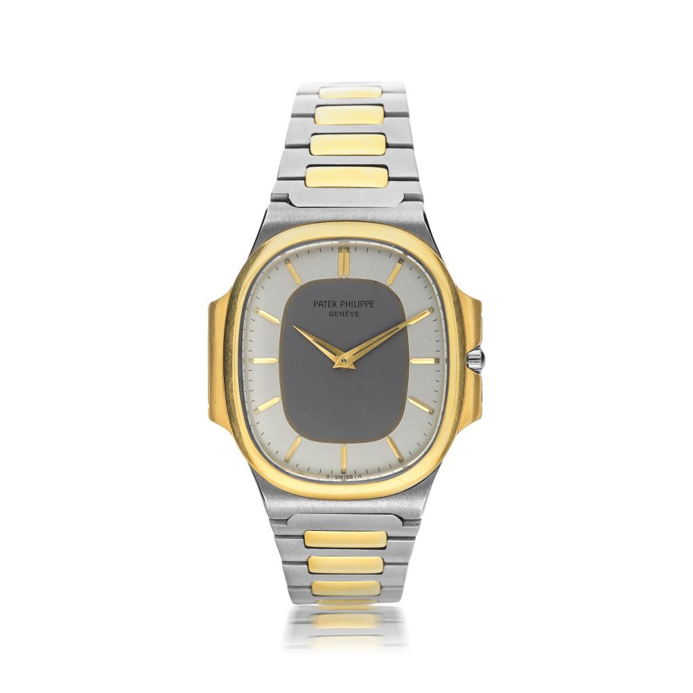 PATEK PHILIPPE | REFERENCE 3770 'NAUTELLIPSE' A YELLOW GOLD AND STAINLESS STEEL OVAL FORM BRACELET WATCH, CIRCA 1982