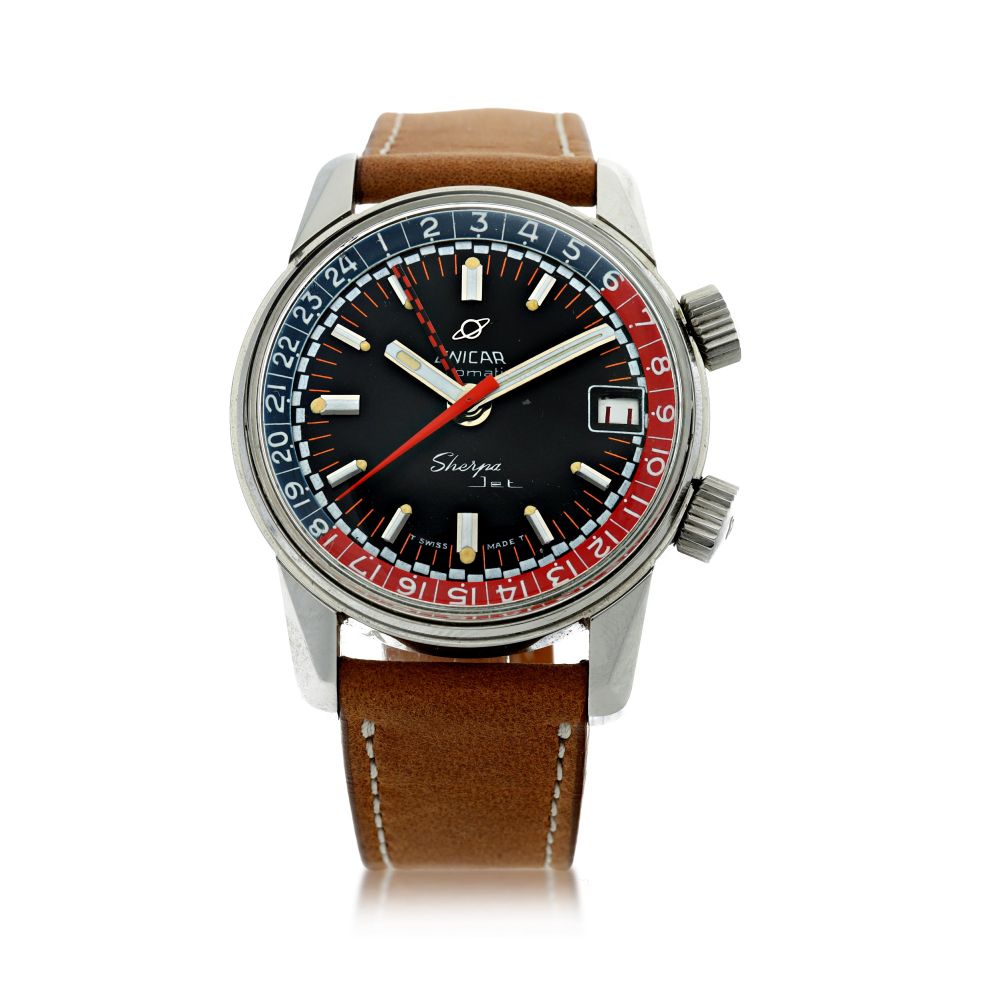 ENICAR | REFERENCE 148/35/02 SHERPA JET 'PEPSI' A STAINLESS STEEL AUTOMATIC DUAL TIME WRISTWATCH, CIRCA 1975