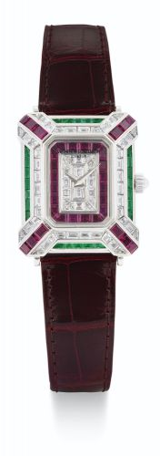 Vacheron Constantin.A LADY'S WHITE GOLD, EMERALD, RUBY AND DIAMOND-SET RECTANGULAR WRISTWATCH REF 16580 CIRCA 1990