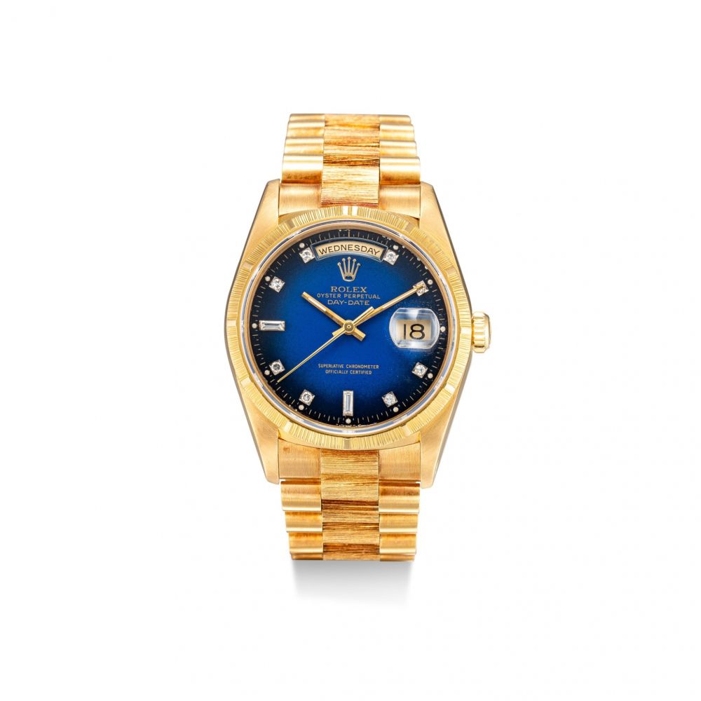 ROLEX | DAY-DATE, REFERENCE 18248, A YELLOW GOLD AND DIAMOND-SET WRISTWATCH WITH DAY, DATE, BRACELET AND DÉGRADÉ 'STELLA' DIAL, CIRCA 1991