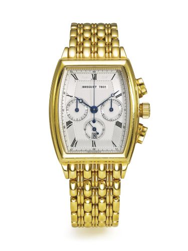 Breguet.A LARGE YELLOW GOLD TONNEAU FORM AUTOMATIC CHRONOGRAPH WRISTWATCH WITH REGISTERS, DATE AND BRACELET REF 5460 NO 7801 HERITAGE CIRCA 2000