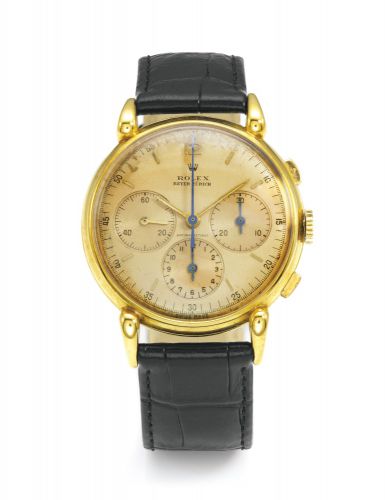 Rolex.RETAILED BY BEYER ZÜRICH: A RARE YELLOW GOLD CHRONOGRAPH WRISTWATCH REF 4313 CIRCA 1950