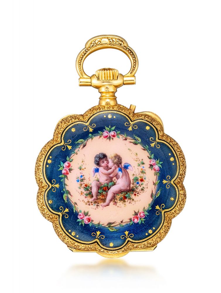 HENRY CAPT | A YELLOW GOLD AND ENAMEL OPENFACE PENDANT WATCH WITH ENAMEL DIAL, CIRCA 1889