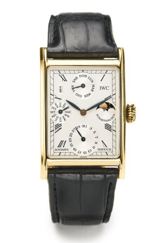 IWC.A LIMITED EDITION PINK GOLD RECTANGULAR AUTOMATIC PERPETUAL CALENDAR WRISTWATCH WITH MOON PHASES REF 3546 NO 83/125 NOVECENTO CIRCA 1994