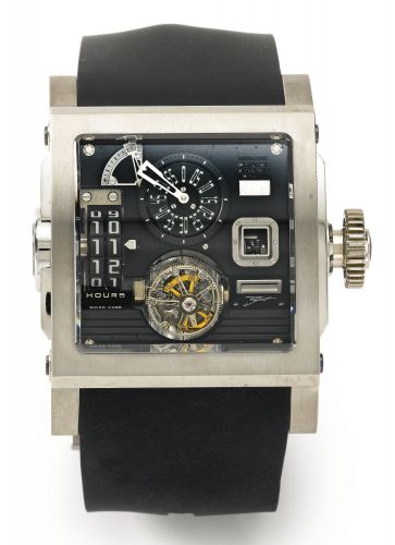 HD3.A VERY RARE LIMITED EDITION TITANIUM AND PLATINUM BI-AXIAL TOURBILLON WRISTWATCH WITH POWER RESERVE INDICATION VULCANIA DESIGNED BY JORG HYSEK, FABRICE GONET AND VALERIE URSENBACHER MADE IN A LIMITED EDITION OF 11 PIECES CIRCA 2008