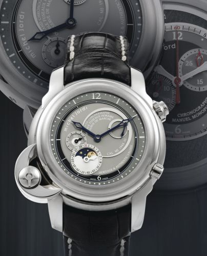 Michel Jordi.A RARE LIMITED EDITION SWIVELLING WHITE GOLD SINGLE BUTTON CHRONOGRAPH WRISTWATCH WITH MOON-PHASES AND POWER RESERVE INDICATION NO 40/99 HERITAGE & TRADITION CIRCA 2005