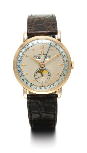 Omega.A PINK GOLD TRIPLE CALENDAR WRISTWATCH WITH MOON PHASES REF 2473 MVT 11202143 COSMIC MADE IN 1949
