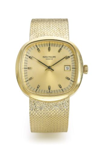 Patek Philippe.A RARE YELLOW GOLD CUSHION-FORM CENTRE SECONDS BRACELET WATCH WITH BETA-21 MOVEMENT AND DATE REF 3587/1J-200 MVT 00005912 CASE 2699603 MADE IN 1970