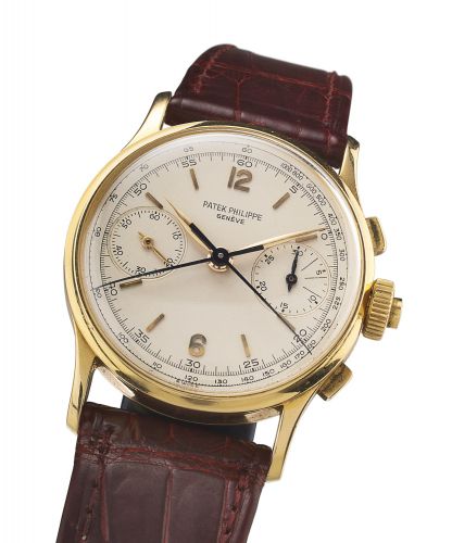 Patek Philippe.A FINE AND RARE YELLOW GOLD SPLIT-SECONDS CHRONOGRAPH WRISTWATCH REF 1436 MVT 869157 CASE 2642009 MADE IN 1966