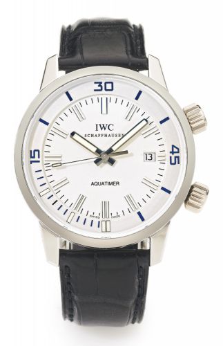 IWC.AN OVERSIZED PLATINUM LIMITED EDITION AUTOMATIC WRISTWATCH WITH DATE, CENTER SECONDS AND ROTATING INTERIOR BEZEL REF 3231 MVT 3035468 CASE 3360101 NO 028/500 AQUATIMER CIRCA 2008