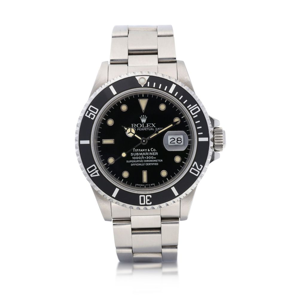 Rolex | Submariner, Reference 168000, A stainless steel wristwatch with date and bracelet, Retailed by Tiffany & Co., Circa 1988 | 勞力士 | Submariner 型號168000 精鋼鏈帶腕錶，備日期顯示，由Tiffany & Co.發行，約1988年製