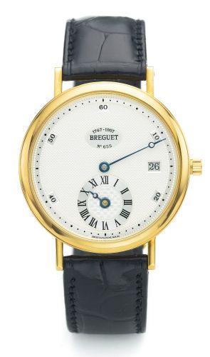 Breguet.A FINE LIMITED EDITION YELLOW GOLD AUTOMATIC WRISTWATCH WITH DATE AND REGULATOR REF 1747 NO. 655H JUBILEE MADE IN 1997