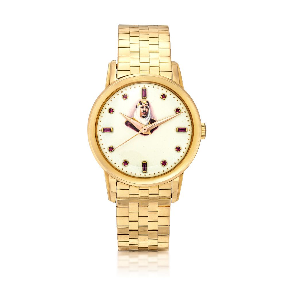 Patek Philippe | Reference 2481, A pink gold and ruby-set wristwatch with bracelet, made to honour Abdul Aziz 'Ibn Saud' the king of Saudi Arabia, Made in 1955 | 百達翡麗 | 型號2481 粉紅金鑲紅寶石鏈帶腕錶，為沙地阿拉伯之王伊本·沙烏地而製，1955年製