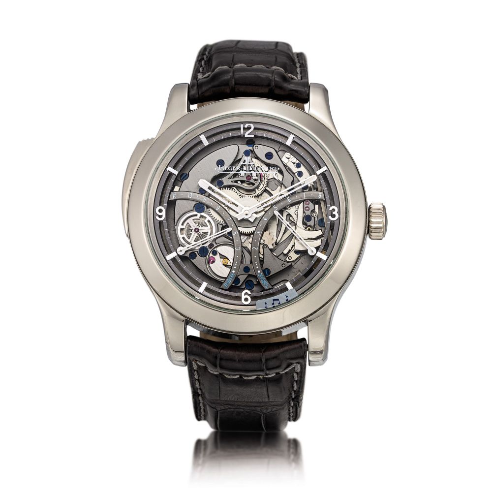 Jaeger-LeCoultre | Master Minute Repeater, Reference 151.T.67S, A limited edition titanium semi-skeletonised minute repeating wristwatch with power reserve and barrel torque indication, Circa 2007 | 積家 | Master Minute Repeater 型號151.T.67S 限量版鈦金屬半鏤空三問腕錶，備動