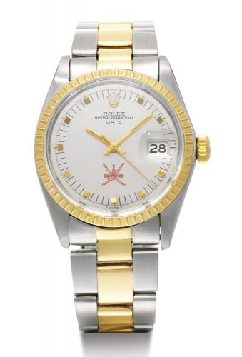 Rolex.A STAINLESS STEEL AND YELLOW GOLD AUTOMATIC CENTER SECONDS WRISTWATCH WITH DATE, THE SULTANATE OF OMAN EMBLEM AND BRACELET REF 1505 CASE 3645243 OYSTER PERPETUAL DATE CIRCA 1970.A STAINLESS STEEL AND YELLOW GOLD AUTOMATIC CENTER SECONDS WRISTWATCH W