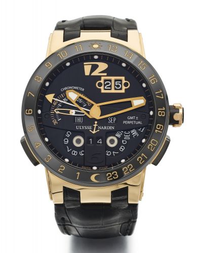 Ulysse Nardin A LIMITED EDITION PINK GOLD AND CERAMIC AUTOMATIC PERPETUAL CALENDAR DUAL TIME WRISTWATCH WITH JUMP HOUR AND YEAR INDICATION REF 329-00 NO 059/500 EL TORO CIRCA 2011