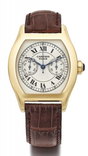 Cartier A YELLOW GOLD TONNEAU-FORM SINGLE BUTTON CHRONOGRAPH WRISTWATCH WITH REGISTER REF 2356B CASE 0031 CC TORTUE CHRONOGRAPH CIRCA 2008