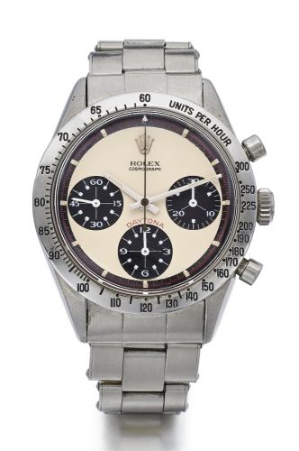Rolex A FINE AND RARE STAINLESS STEEL CHRONOGRAPH WRISTWATCH WITH REGISTERS AND BRACELET REF 6239 CASE 1695149 'PAUL NEWMAN' COSMOGRAPH DAYTONA CIRCA 1965
