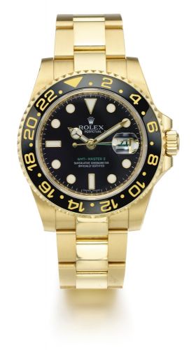 Rolex A YELLOW GOLD AUTOMATIC SWEEP SECONDS DUAL TIME ZONE WRISTWATCH WITH BRACELET WITH DATE AND BRACELET REF 116718 CASE Z239964 GMT-MASTER II CIRCA 2006