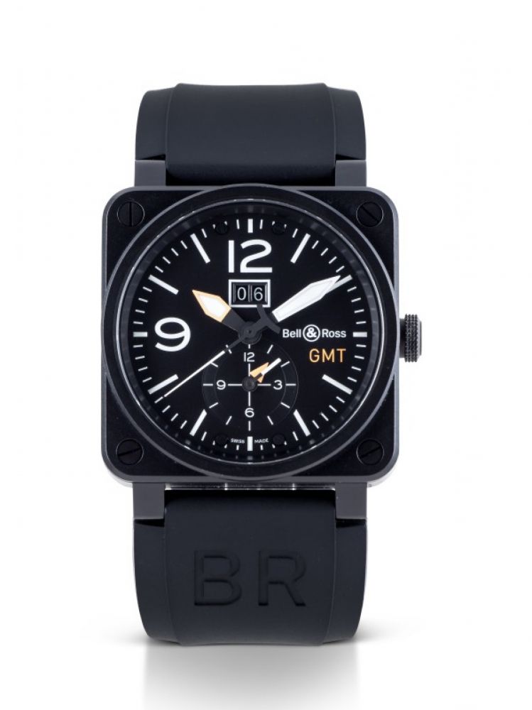 BELL & ROSS | AVIATION TYPE GMT, REF BR03-51-S BLACK PVD-COATED STAINLESS STEEL DUAL TIME WRISTWATCH WITH DATE CIRCA 2014