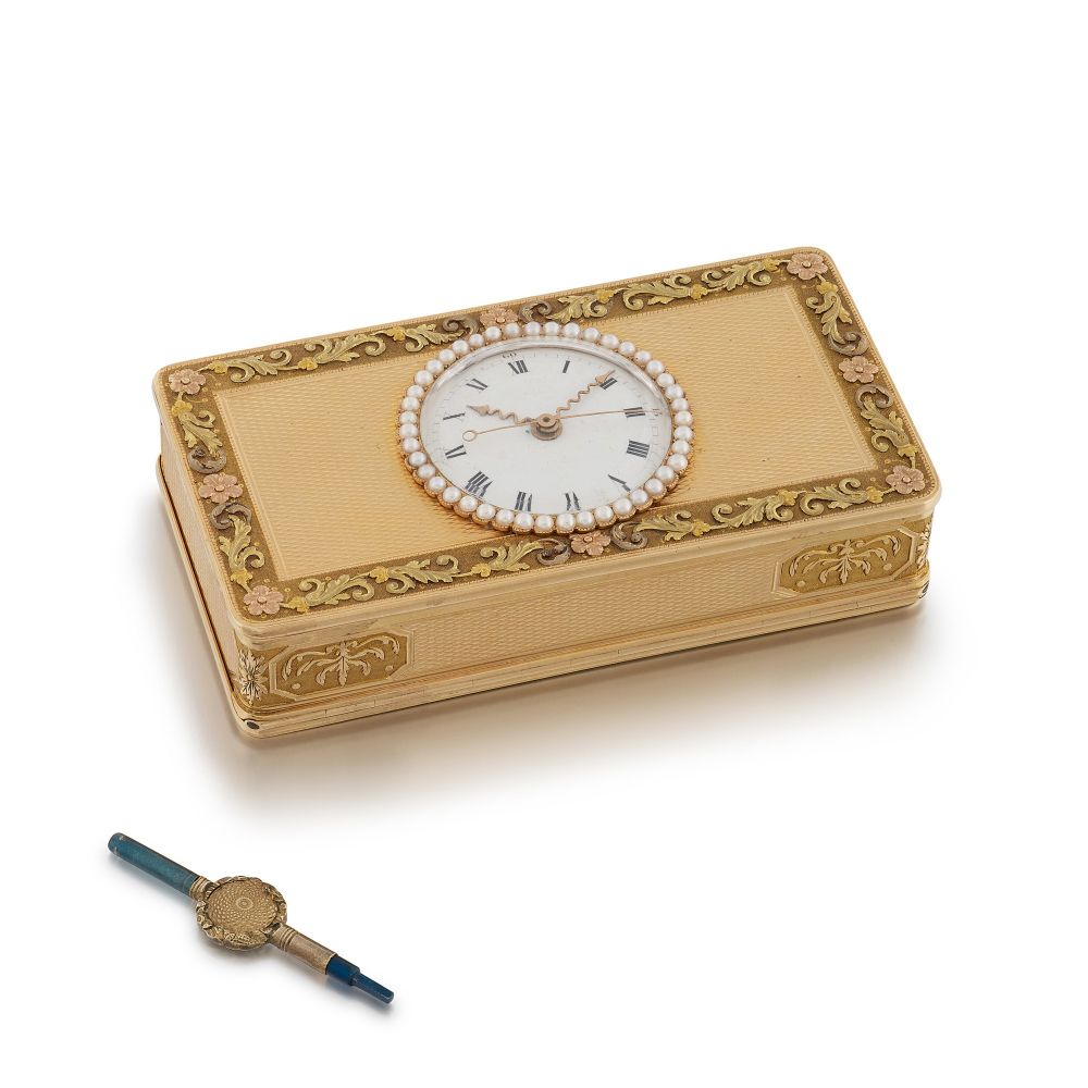 A PEARL-SET FOUR-COLOUR GOLD AND ENAMEL MUSICAL WATCH SNUFF BOX, THE MOVEMENT ATTRIBUTED TO PIGUET & MEYLAN, GENEVA, CIRCA 1820