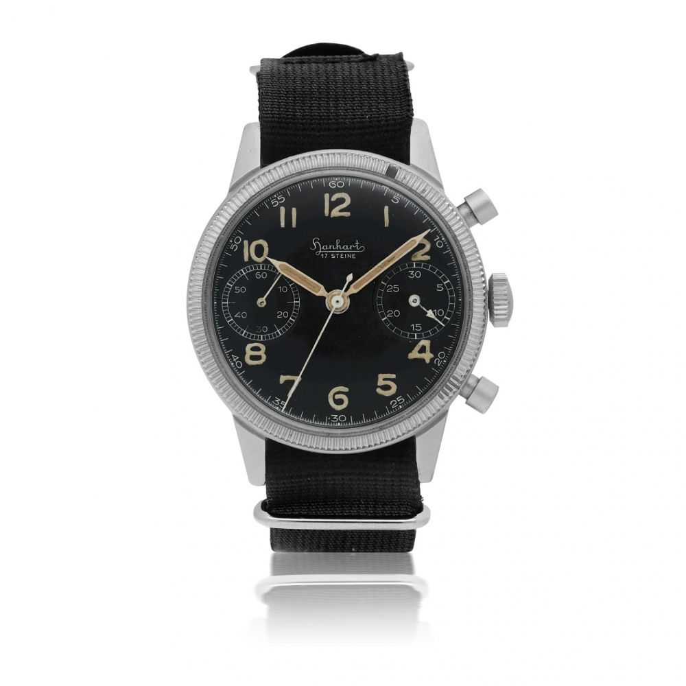 HANHART | 'FLIEGER', REF 417 MILITARY NICKEL-PLATED BRASS FLYBACK CHRONOGRAPH WRISTWATCH CIRCA 1955