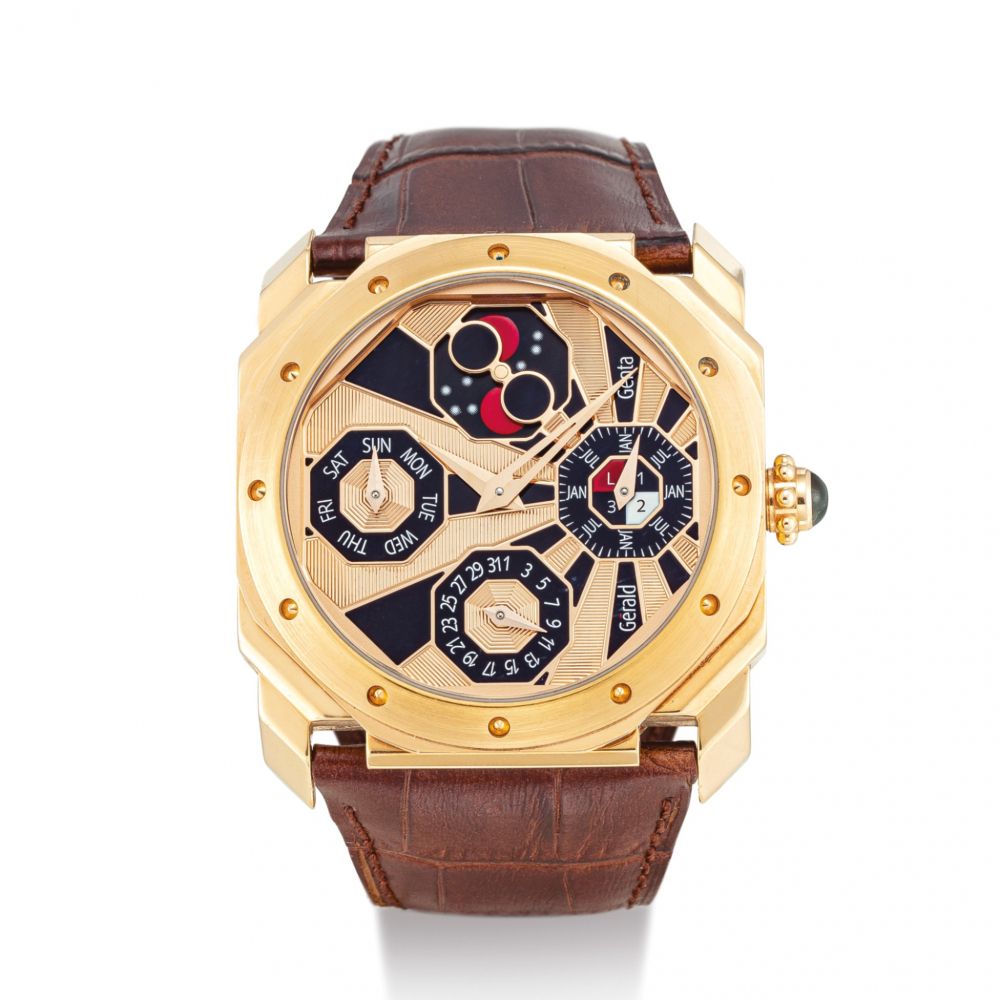 GERALD GENTA | OCTO PERPETUAL CALENDAR MODEL, REFERENCE QQM.Y.50 A PINK GOLD PERPTEUAL CALENDAR WRISTWATCH WITH MOON PHASES AND LEAP YEAR INDICATION, CIRCA 2000 | Octo Perpetual Calendar Model 型號QQM.Y.50 粉紅金萬年曆腕錶，備月相及閏年顯示，錶殼編號91及121581，約2000年製
