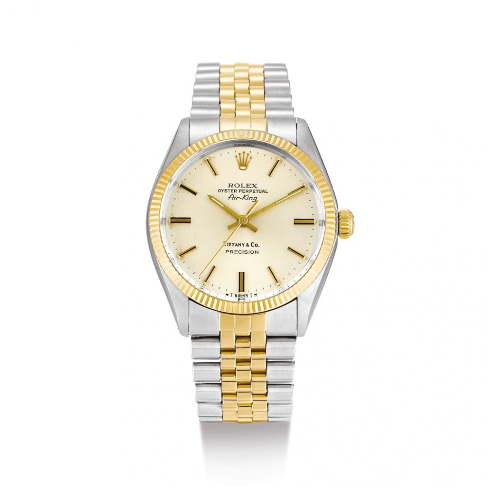 ROLEX | AIR KING, REFERENCE 5501 A YELLOW GOLD AND STAINLESS STEEL WRISTWATCH WITH BRACELET, RETAILED BY TIFFANY & CO., CIRCA 1987 | 勞力士 | Air King 型號5501 黃金及精鋼鏈帶腕錶，由蒂芙尼發行，錶殼編號9444494，約1987年製