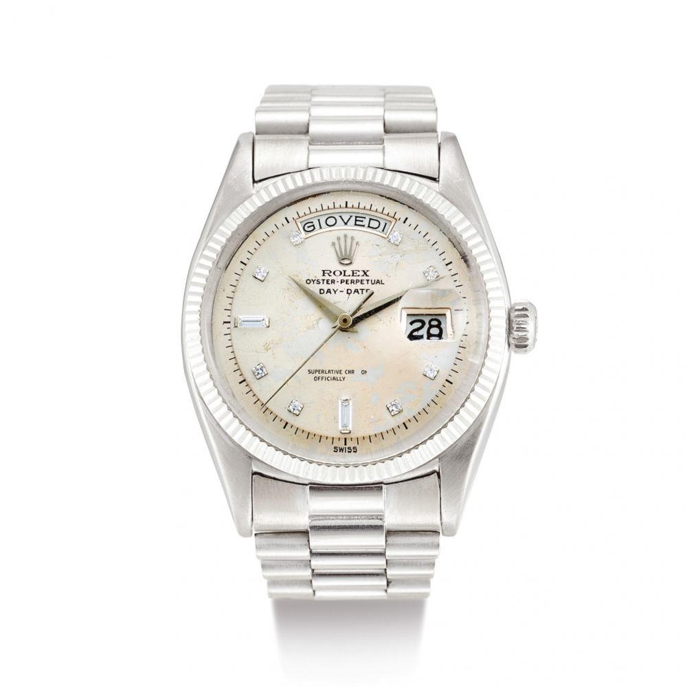 ROLEX | DAY-DATE, REFERENCE 6611B A WHITE GOLD AND DIAMOND-SET WRISTWATCH WITH DAY, DATE AND BRACELET, CIRCA 1958 | 勞力士 | Day-Date 型號6611B 白金鑲鑽石鏈帶腕錶，備日期及星期顯示，錶殼編號401552，約1958年製
