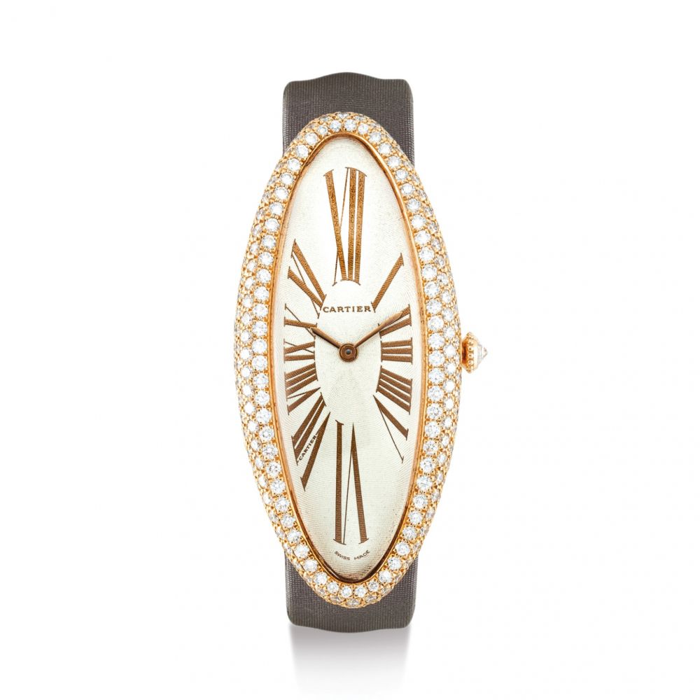 CARTIER | BAIGNOIRE ALLONGÉE, REFERENCE 2486 A PINK GOLD AND DIAMOND-SET WRISTWATCH, CIRCA 1998  | 卡地亞 | Baignoire Allongée 型號2486 粉紅金鑲鑽石腕錶，錶殼編號10202PX，約1998年製