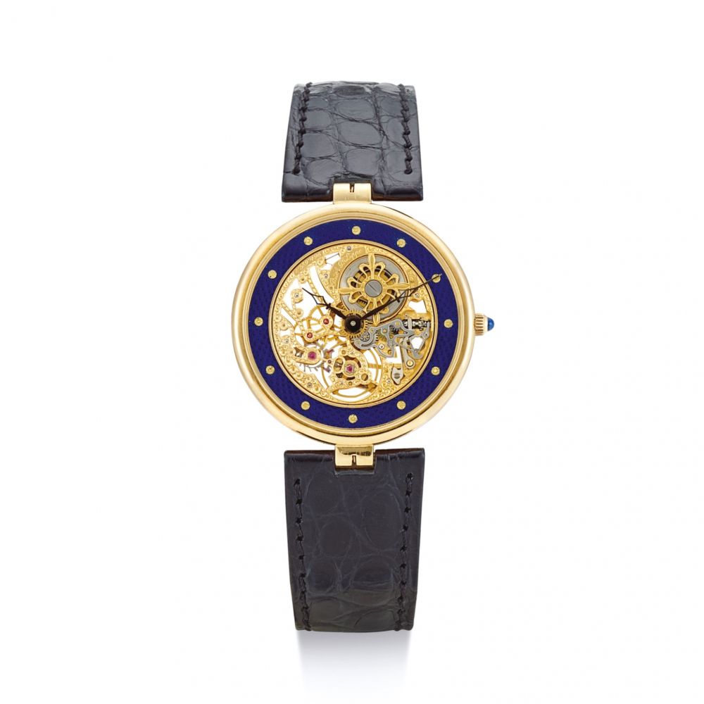 PATEK PHILIPPE | REFERENCE 3885 A YELLOW GOLD AND ENAMEL SKELETONIZED WRISTWATCH, CIRCA 1995  | 百達翡麗 | 型號3885 黃金琺瑯鏤空腕錶，機芯編號1389796，錶殼編號2931273，約1995年製
