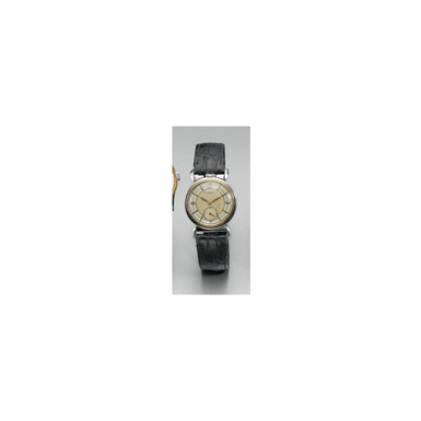 A FINE AND RARE STAINLESS STEEL AND PINK GOLD WRISTWATCH WITH UNUSUAL SCROLL LUGS AND CROWN AT 12 O'CLOCK, PATEK PHILIPPE & CO., GEN