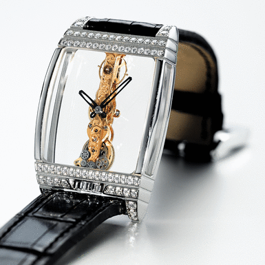 CORUM, A FINE LARGE PLATINUM AND DIAMOND SKELETONISED TONNEAU WRISTWATCH CIRCA 2005 GOLDEN BRIDGE 50TH ANNIVERSARY MODEL
