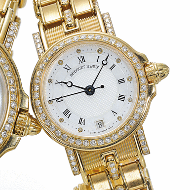 BREGUET, &&NBSP - A LADY'S GOLD AUTOMATIC CENTER SECONDS WRISTWATCH WITH DATE, BRACELET AND MOTHER-OF-PEARL DIAL CIRCA 2002 MARINE