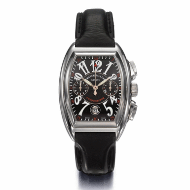 FRANCK MULLER - A STAINLESS STEEL CURVED TONNEAU AUTOMATIC CHRONOGRAPH WRISTWATCH WITH DATE AND REGISTERS CIRCA 2002 REF 8001CC CONQUISTADOR NO 977
